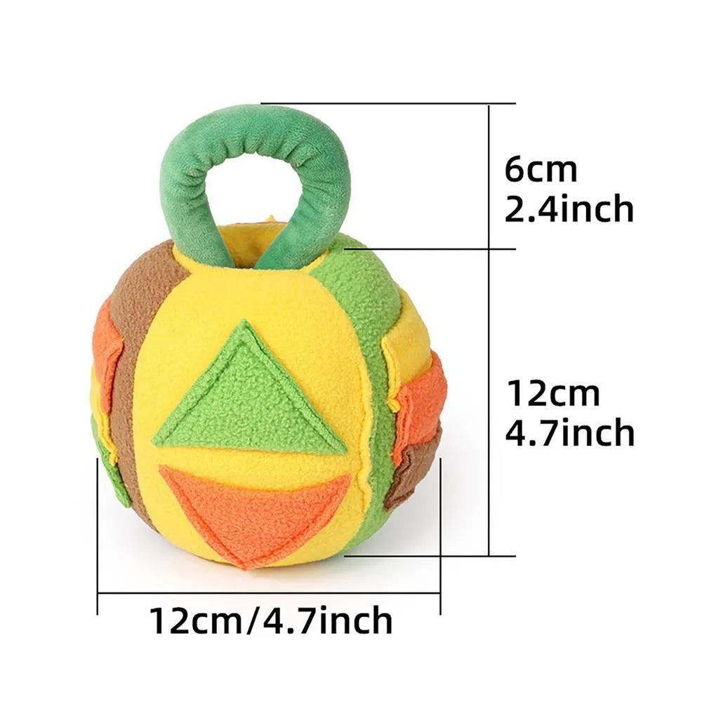 Pink and green polyester squeaky plush ball dog toy with snuffle pockets for treats
