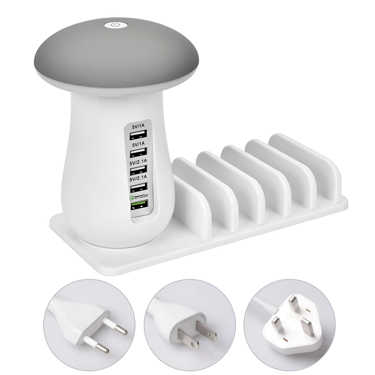 White mushroom-shaped LED lamp and 5-port USB charging dock station on a wooden desk.