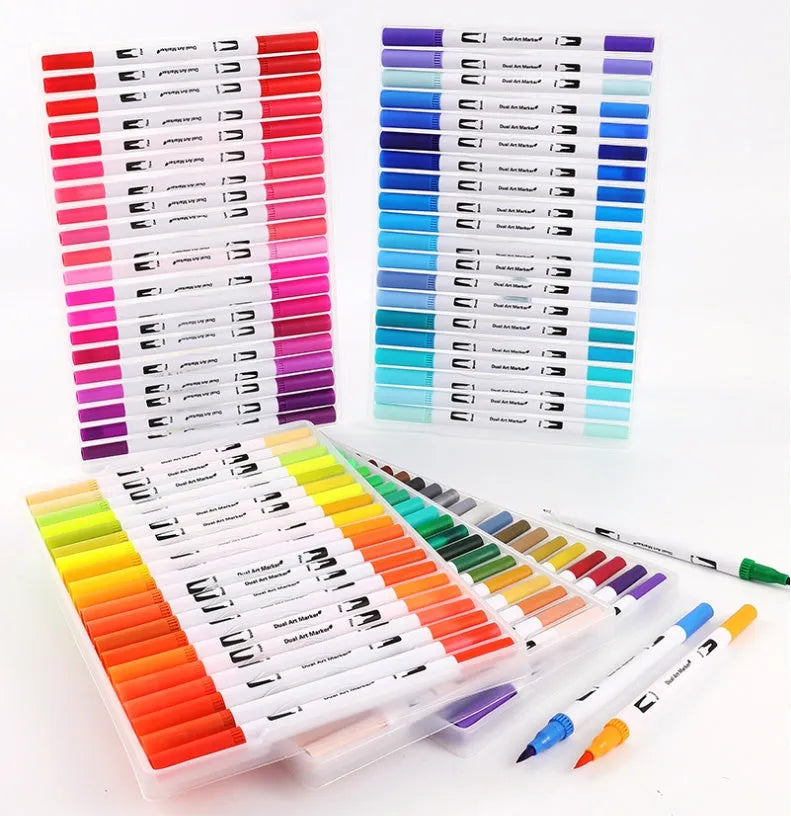 Set of watercolour brush pens in assorted colours, showing fine tips, arranged in a case.
