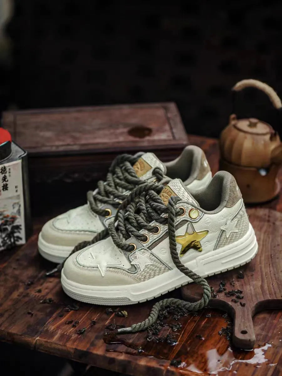 West Lake dragon well tea coloured leather platform running shoes with a round toe and lace-up front.