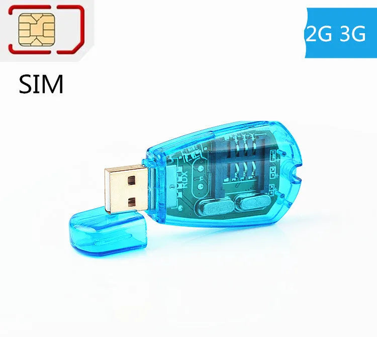 Blue external USB SIM card reader for backing up mobile phone contacts and messages.