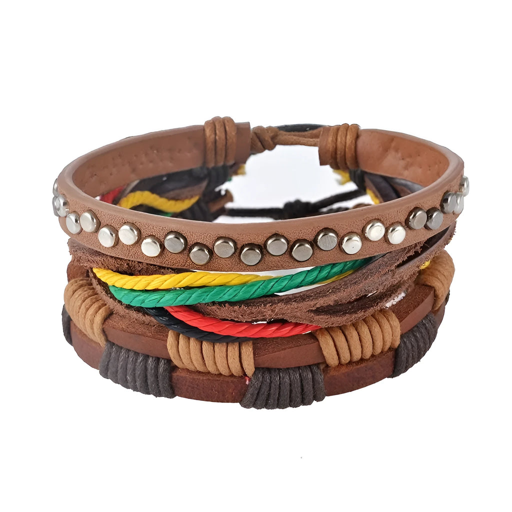 Handmade adjustable leather wrap bracelet with wooden bead on woven cowhide, hemp, and wax ropes.