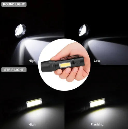 Black aluminium alloy telescopic LED flashlight with zoom adjustment and clip for portable use