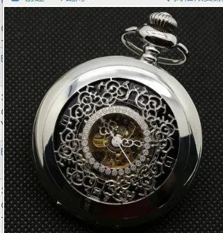 Retro hollow case automatic pocket watch with large floral dial on thick alloy strap