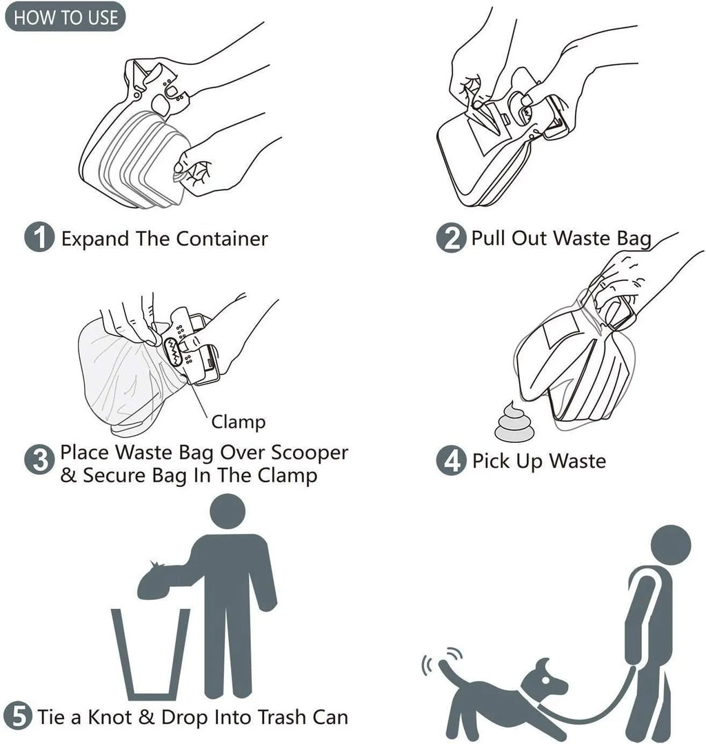 Blue portable dog pooper scooper with clip, unfolded waste container, and integrated bag dispenser.