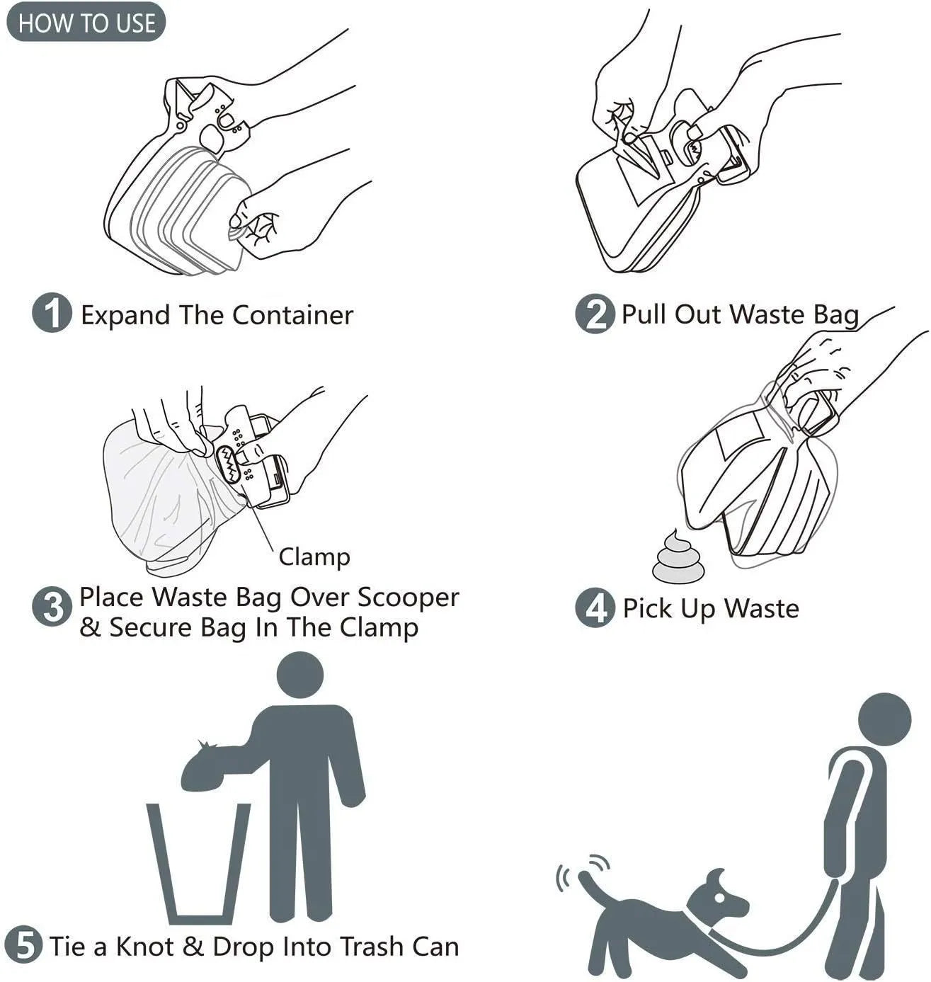 Blue portable dog pooper scooper with clip, unfolded waste container, and integrated bag dispenser.