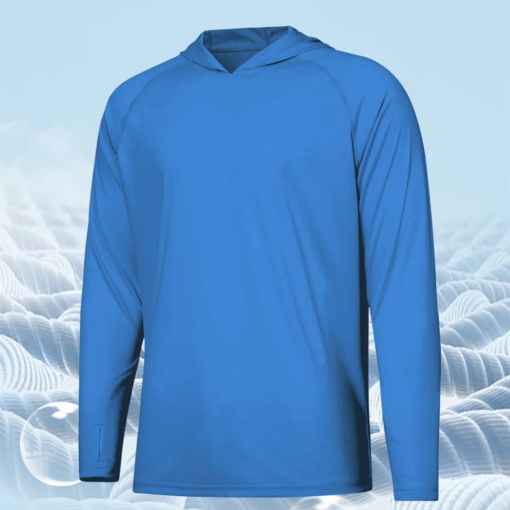 Outdoor UV-protection long sleeve hooded top in polyester for fishing, hiking, and camping