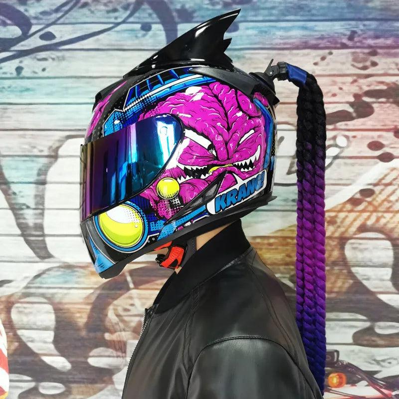 Couples' Dirty Braids full face motorcycle helmet in Black Clown graphic style on a white background.