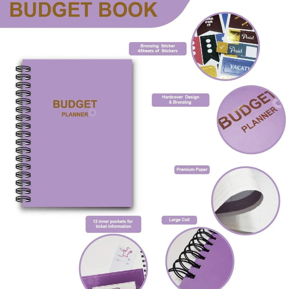 J12 Purple coil-bound financial planning notebook with Daolin paper, pen, stickers, and paper clips for monthly budgeting
