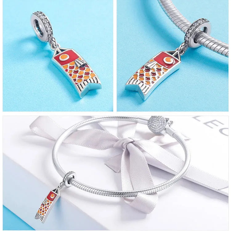 S925 sterling silver carp streamer necklace pendant with zircon details