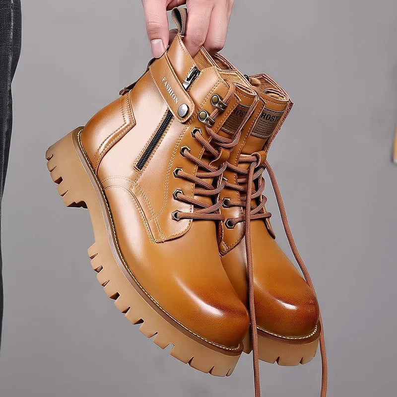 Men's light brown leather high-top boots with a thick sole and side zipper.