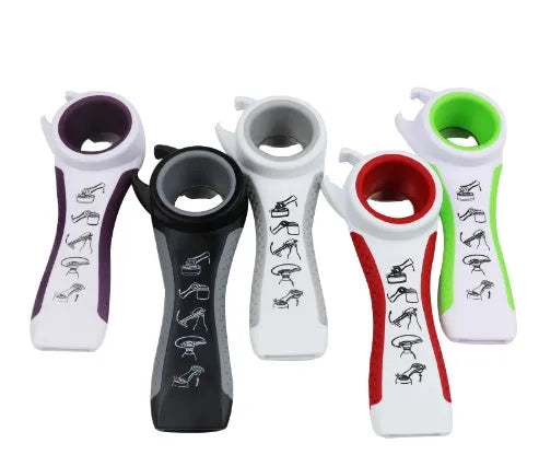5 in 1 stainless steel can opener and bottle opener, 14.5 cm, with PP handle in black, green, purple, or white