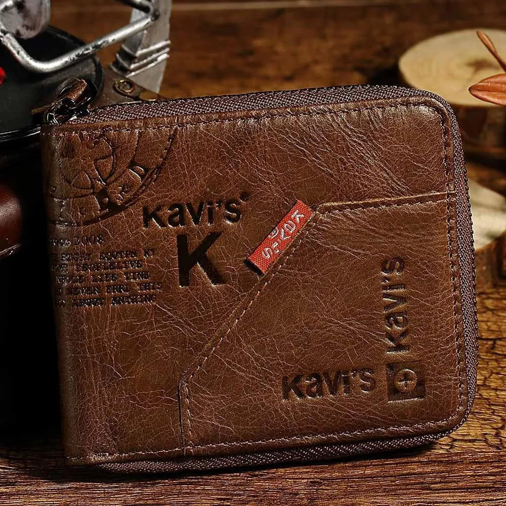 Men's soft brown leather wallet with a zipper, open to show multiple card slots, a banknote section, and a coin compartment.