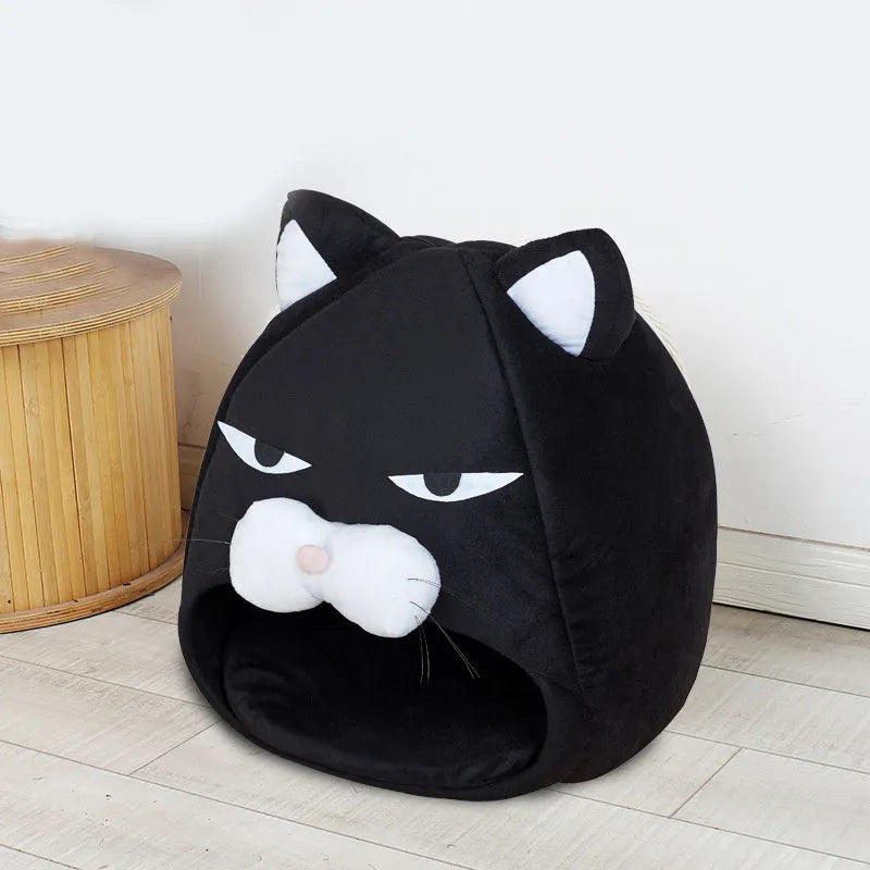 Black plush cat house bed with waterproof nylon base, removable washable cover, cube shape, 48cm and 38cm sizes