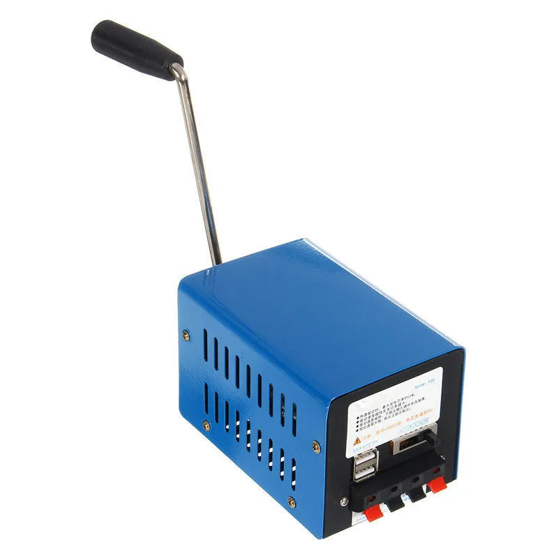 Blue metal hand crank generator with USB ports and adjustable voltage dial for emergency charging