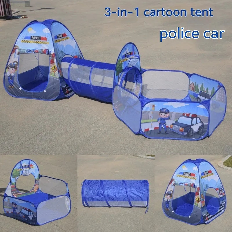 Colourful three-in-one children's play tent with cartoon design, featuring a fabric tent, ball pool, and plastic tunnel.