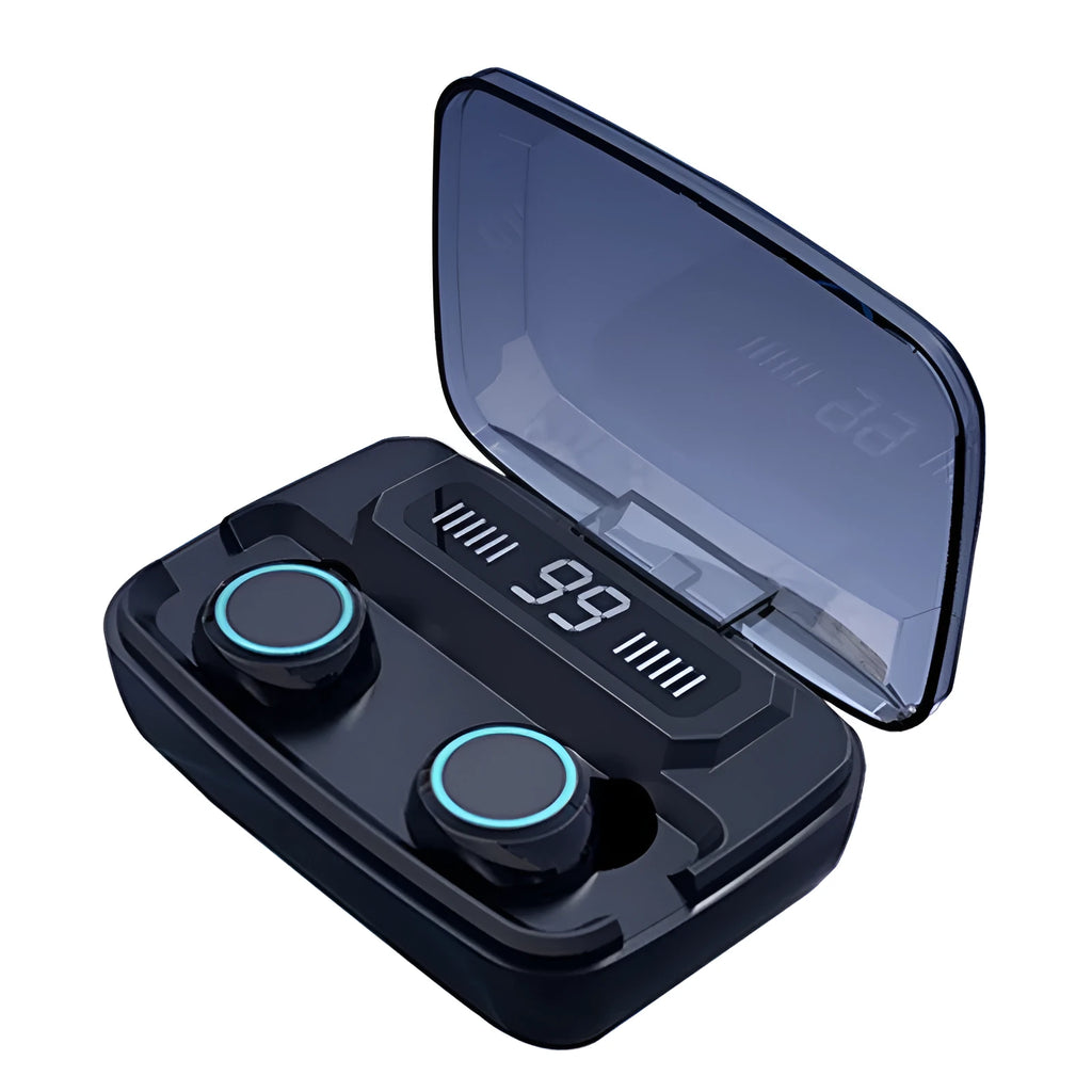 Black Bluetooth wireless headset with digital display, touch controls, and integrated mobile phone holder.