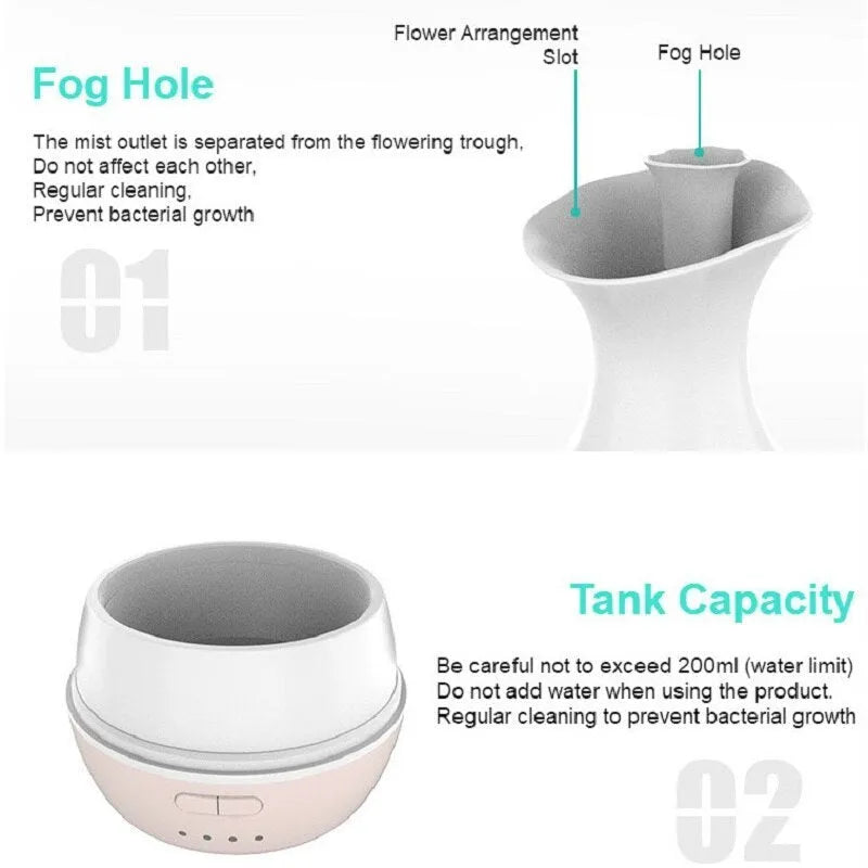 White or pink ultrasonic aromatherapy diffuser with 200ml tank capacity and coloured night light function