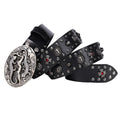Men's black leather belt with punk rivet detailing and alloy buckle, shown with length measurement options.