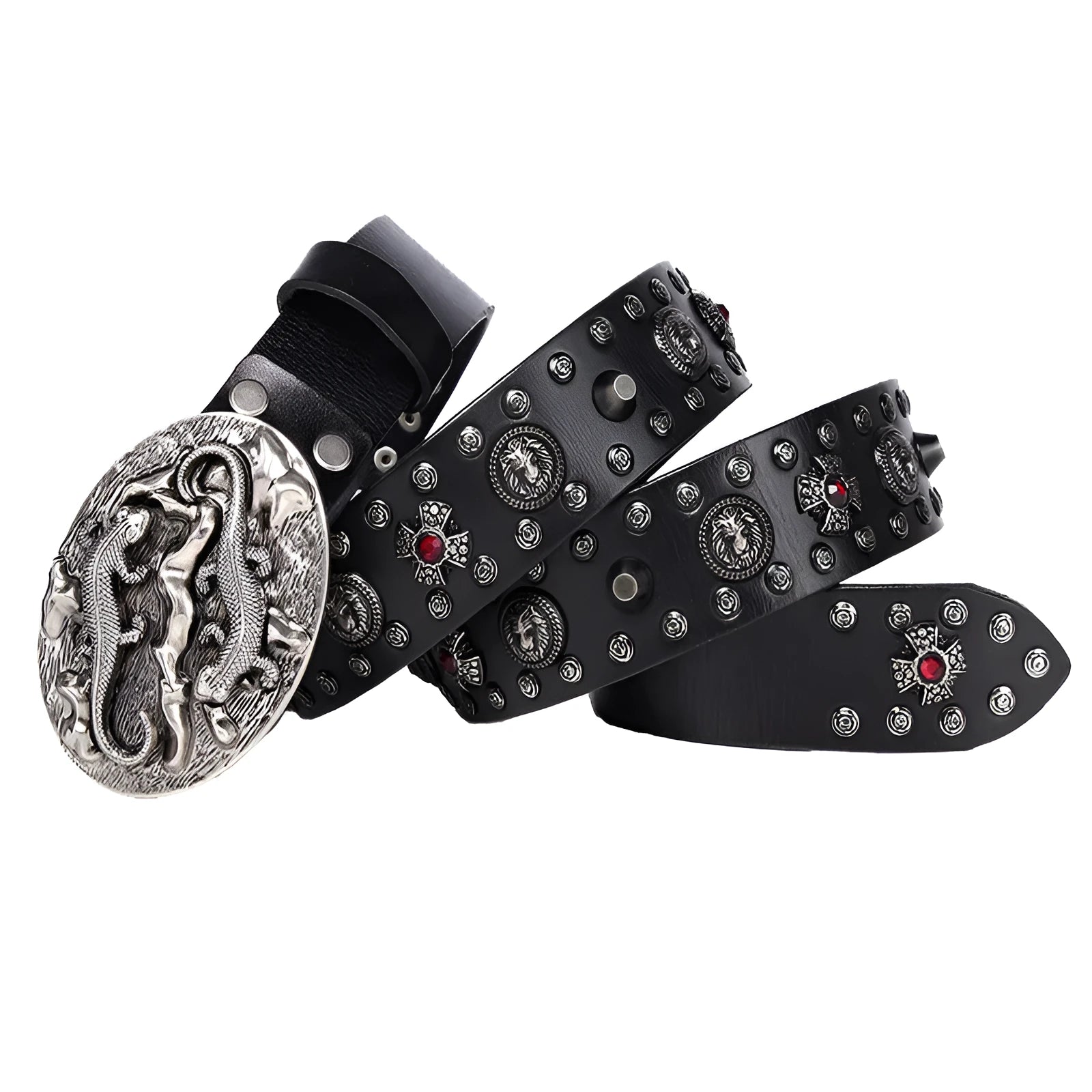 Men's black leather belt with punk rivet detailing and alloy buckle, shown with length measurement options.