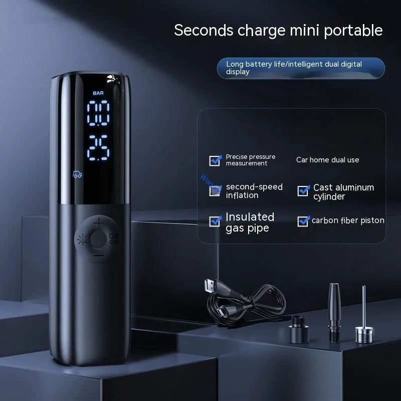 Black portable electric vehicle air pump with built-in pressure gauge and ABS inflation hose for 12V/24V car tyre inflation.