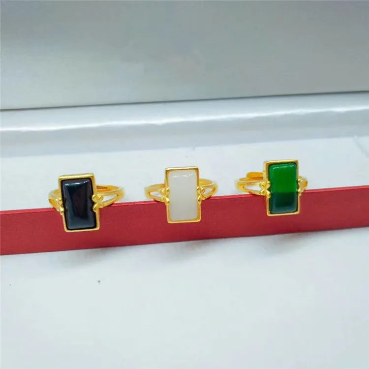 Adjustable brass gold-plated ring with electroplated finish and coloured gemstone options