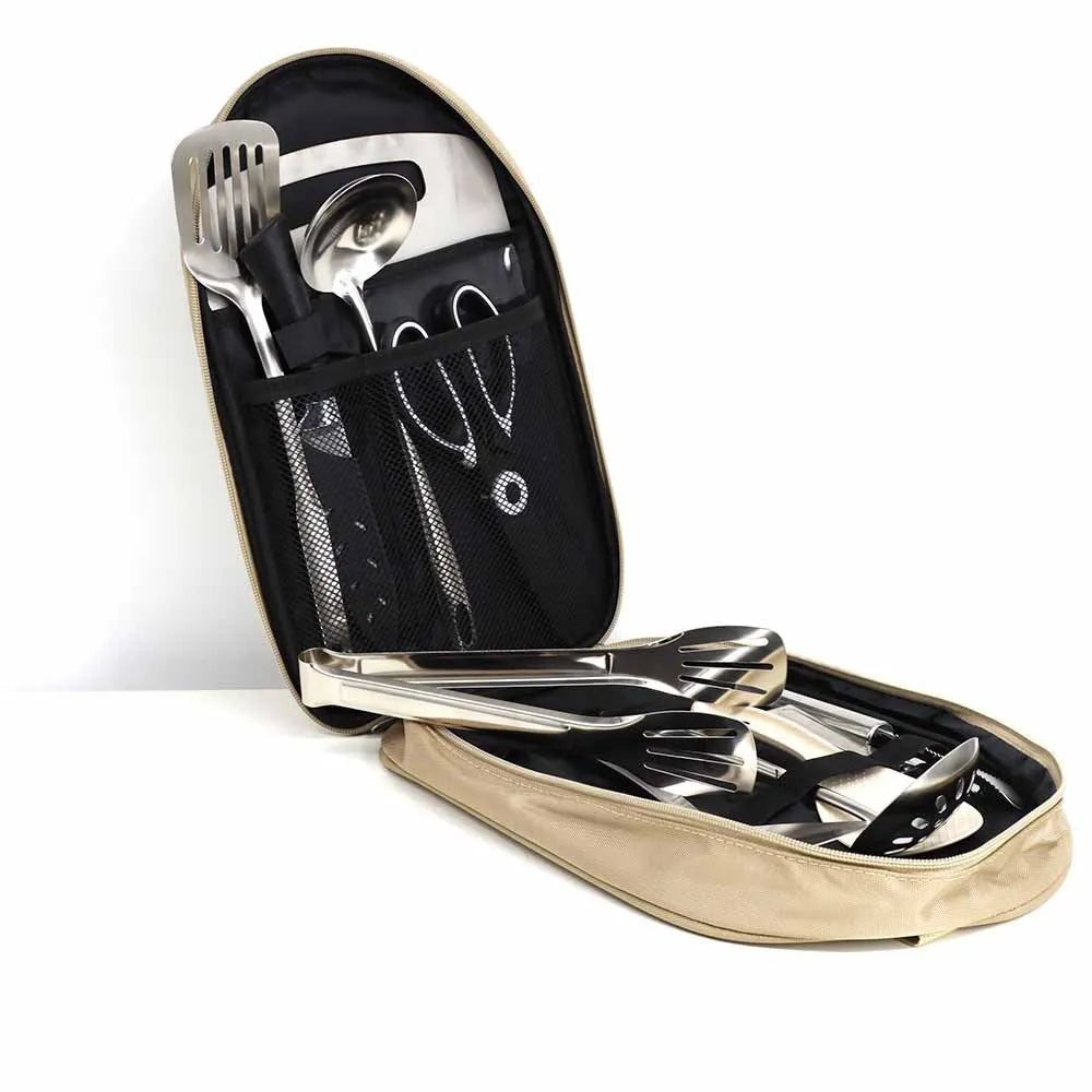 12-piece stainless steel picnic kitchenware set in storage bag for outdoor dining