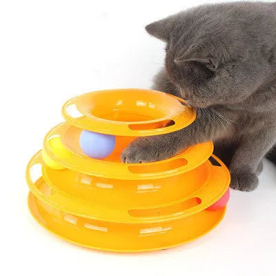 Four-layer interactive cat turntable toy with ball track tower, plastic, 16x29cm, in pink, blue or orange