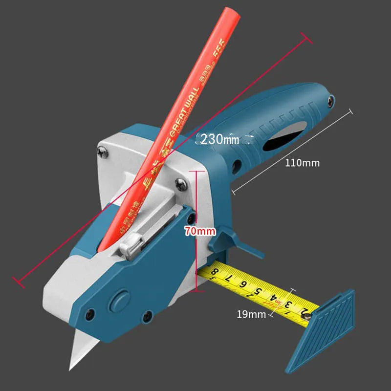 Blue aluminium alloy and TPR plastic DIY cutting tool with lock mechanism and measurement scale.