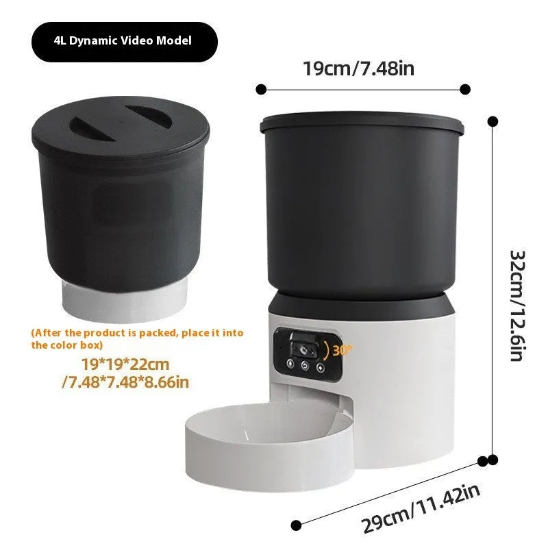White 4-litre smart pet feeder with digital display and stainless steel bowl on a wooden floor.