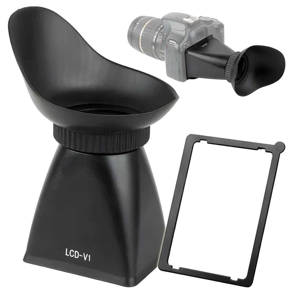 Black camera framing amplifier with magnetic mount attached to a DSLR, magnifying the rear LCD screen.