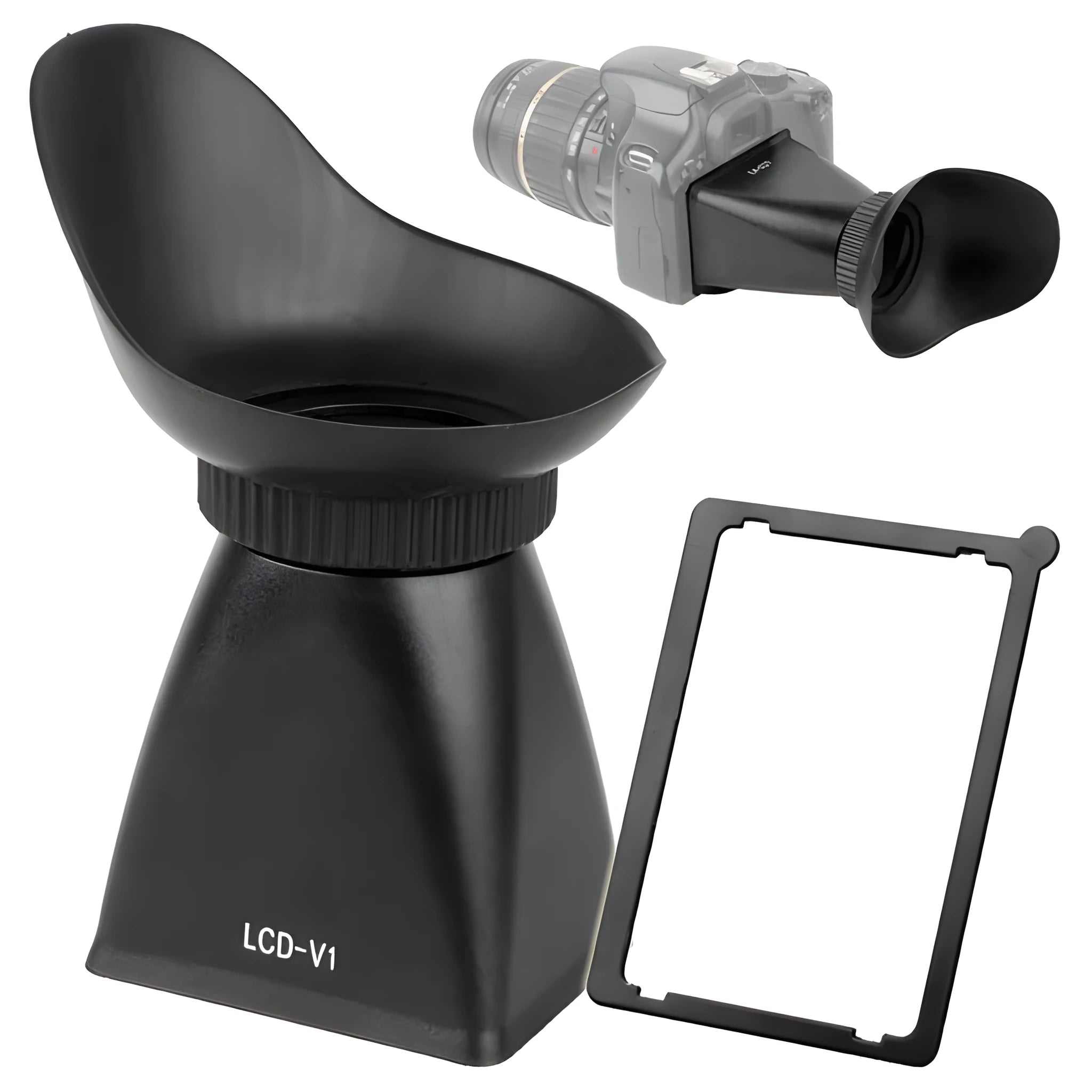 Black camera framing amplifier with magnetic mount attached to a DSLR, magnifying the rear LCD screen.