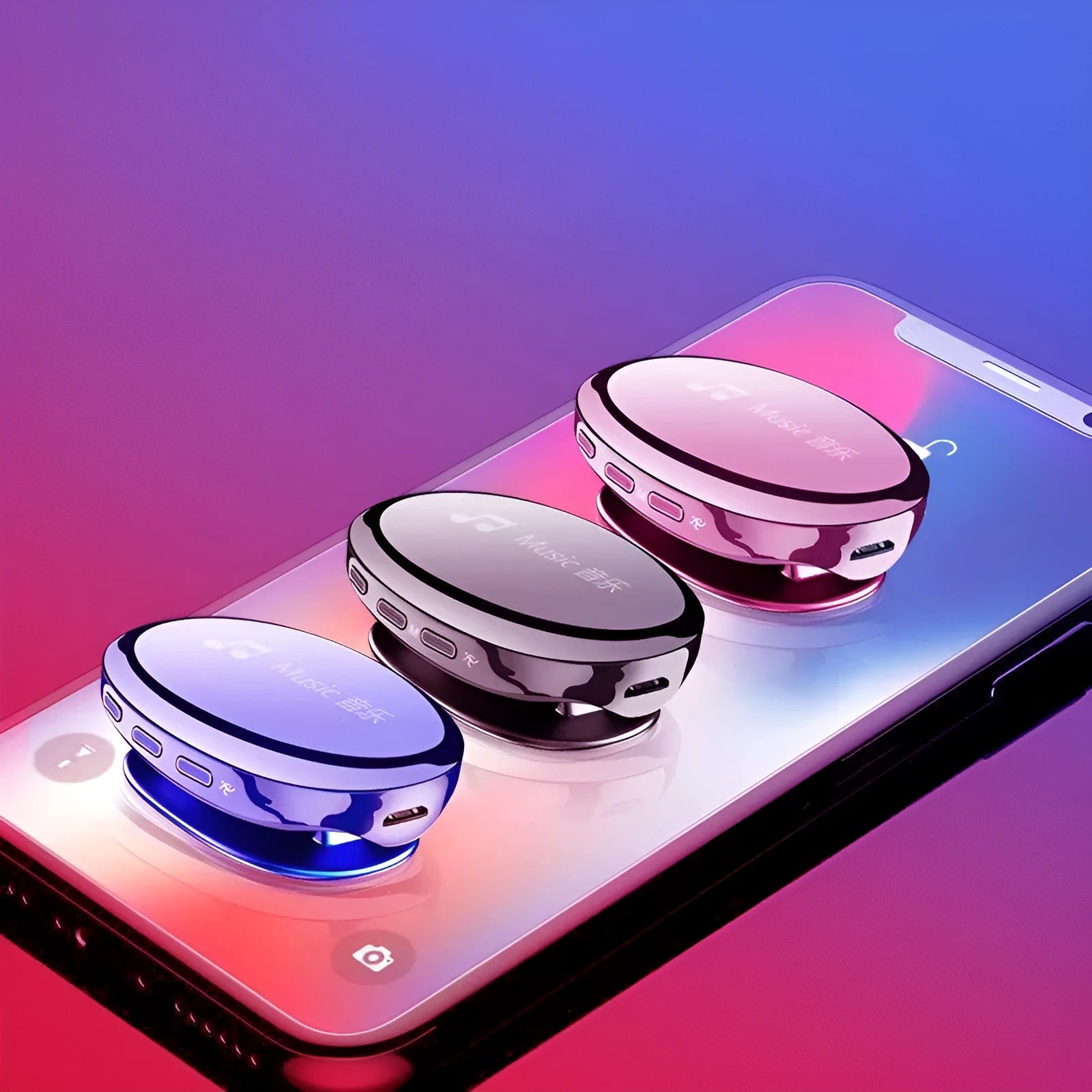 Bluetooth MP4 music player in black, blue or rose gold with OLED screen showing audio playback interface