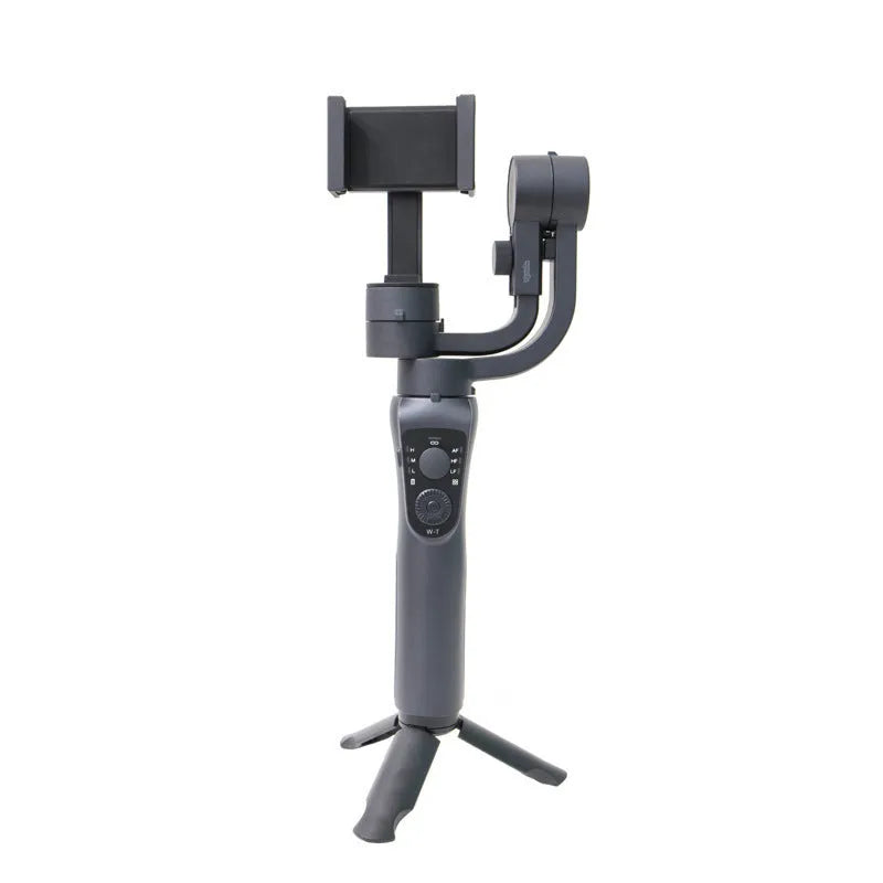 Black three-axis handheld gimbal stabilizer for mobile phones with extended battery and tripod