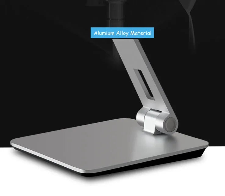 Foldable aluminium desktop phone and tablet holder showing 360° rotation capability