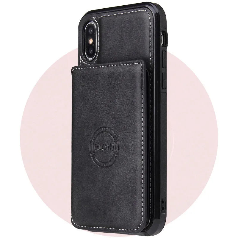 Imitation leather card wallet phone back cover for iPhone in black, blue, brown, orange, pink, and red.