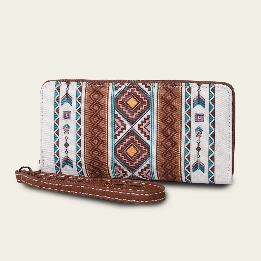 Bohemian striped canvas RFID wallet showing anti-theft function and multiple colour options