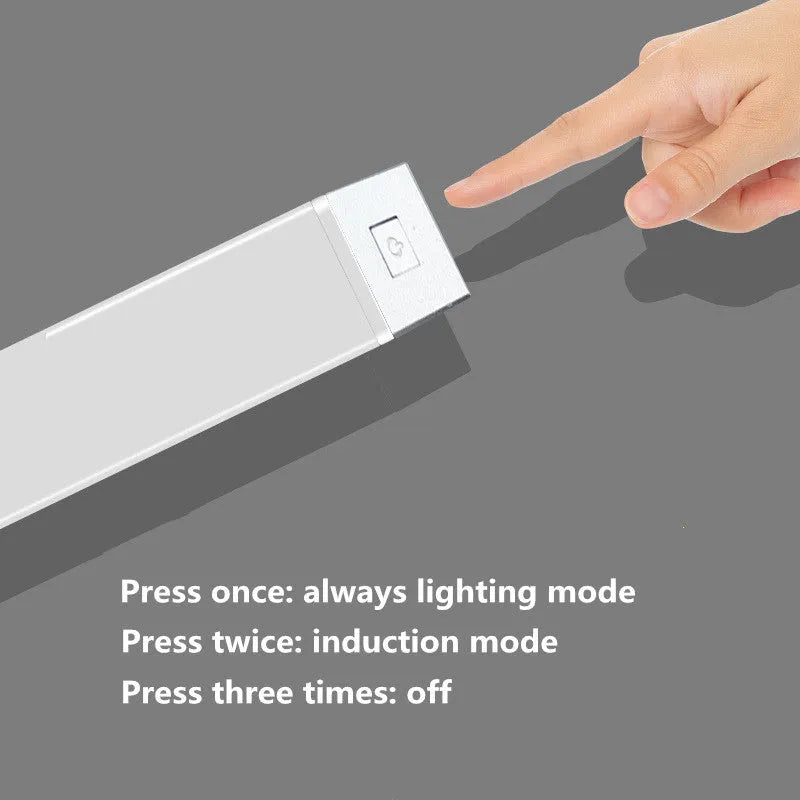 Magnetic LED closet light with motion sensor and aluminium shell shown mounted inside wardrobe