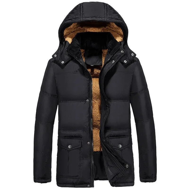 Men's black velvet padded hooded winter jacket with double-breasted placket in loose fit