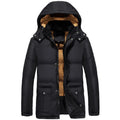 Men's black velvet padded hooded winter jacket with double-breasted placket in loose fit