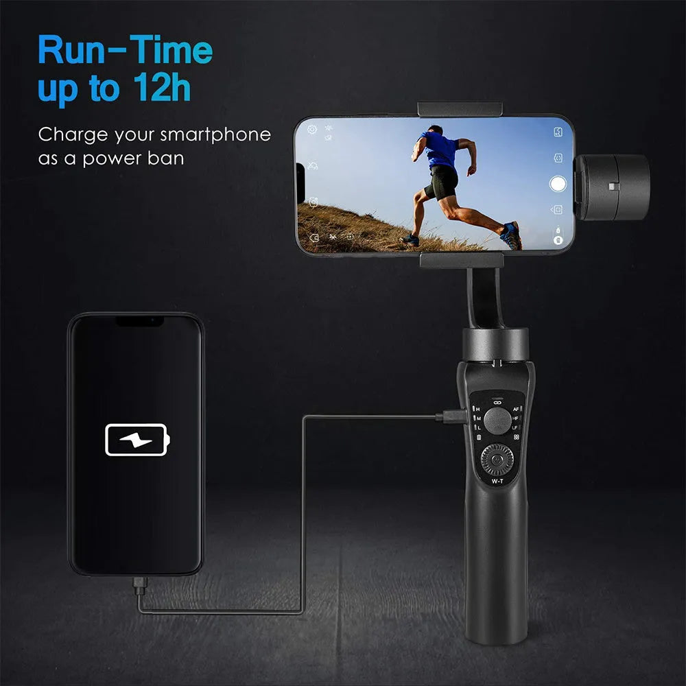 Black three-axis handheld gimbal stabilizer for mobile phones with extended battery and tripod