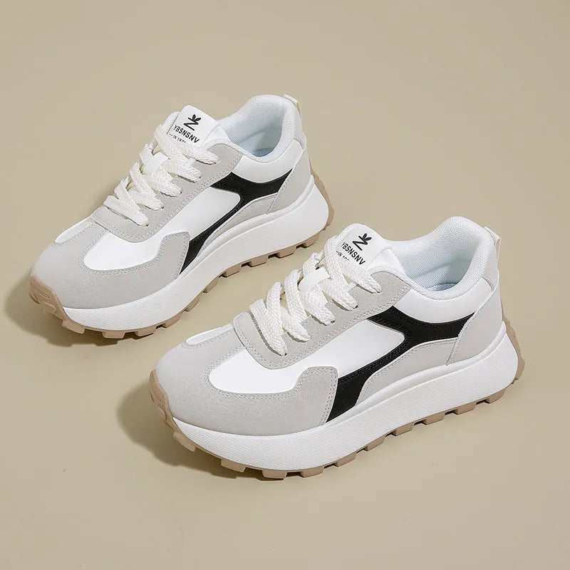Women's low-top lace-up platform sports shoes in card black, khaki red, or white grey with rubber sole.