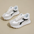 Women's low-top lace-up platform sports shoes in card black, khaki red, or white grey with rubber sole.