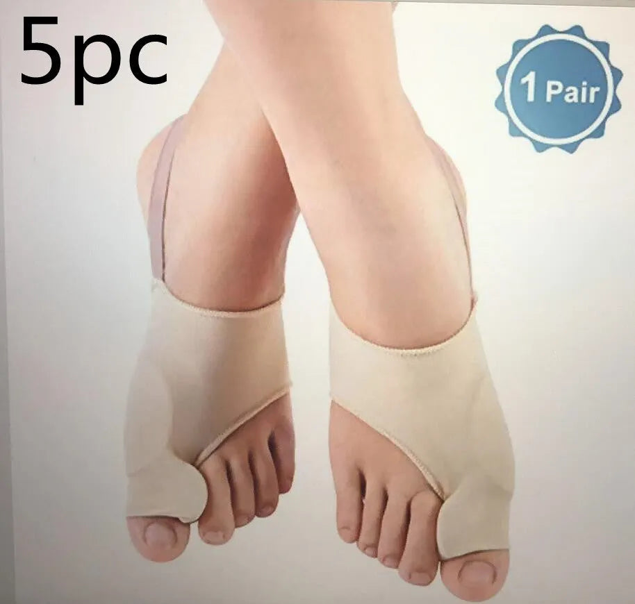 Corrective bunion relief sock with gel pad and silicone toe separator on a foot.