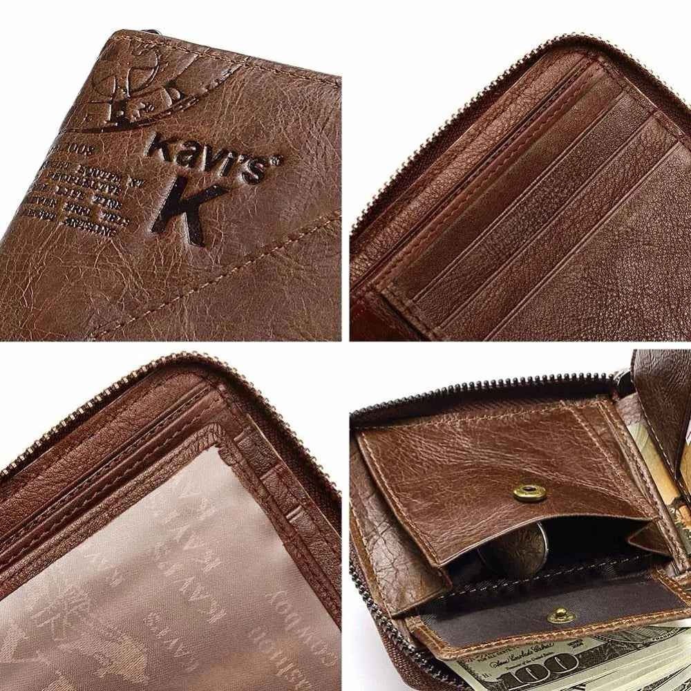 Men's soft brown leather wallet with a zipper, open to show multiple card slots, a banknote section, and a coin compartment.