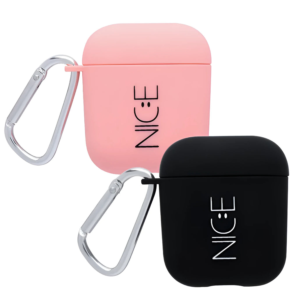 Black and pink AirPods earphone covers with decorative flower and smiley face back designs.