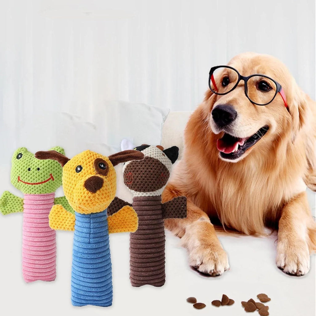 Squeaky stuffed animal dog chew toy in calf, frog, or puppy shape for dental cleaning