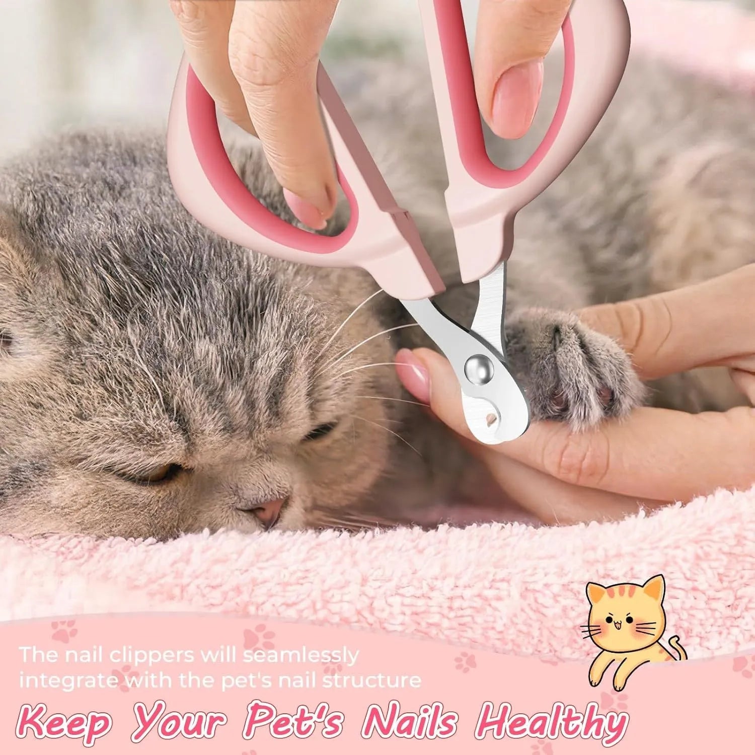 Cat nail clipper with positioning hole and non-slip handle in pink or blue colour