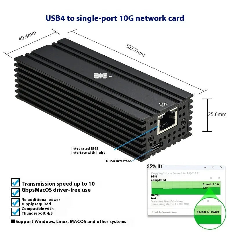 Black USB4 10G Ethernet network adapter with RJ45 port and 20cm cable.