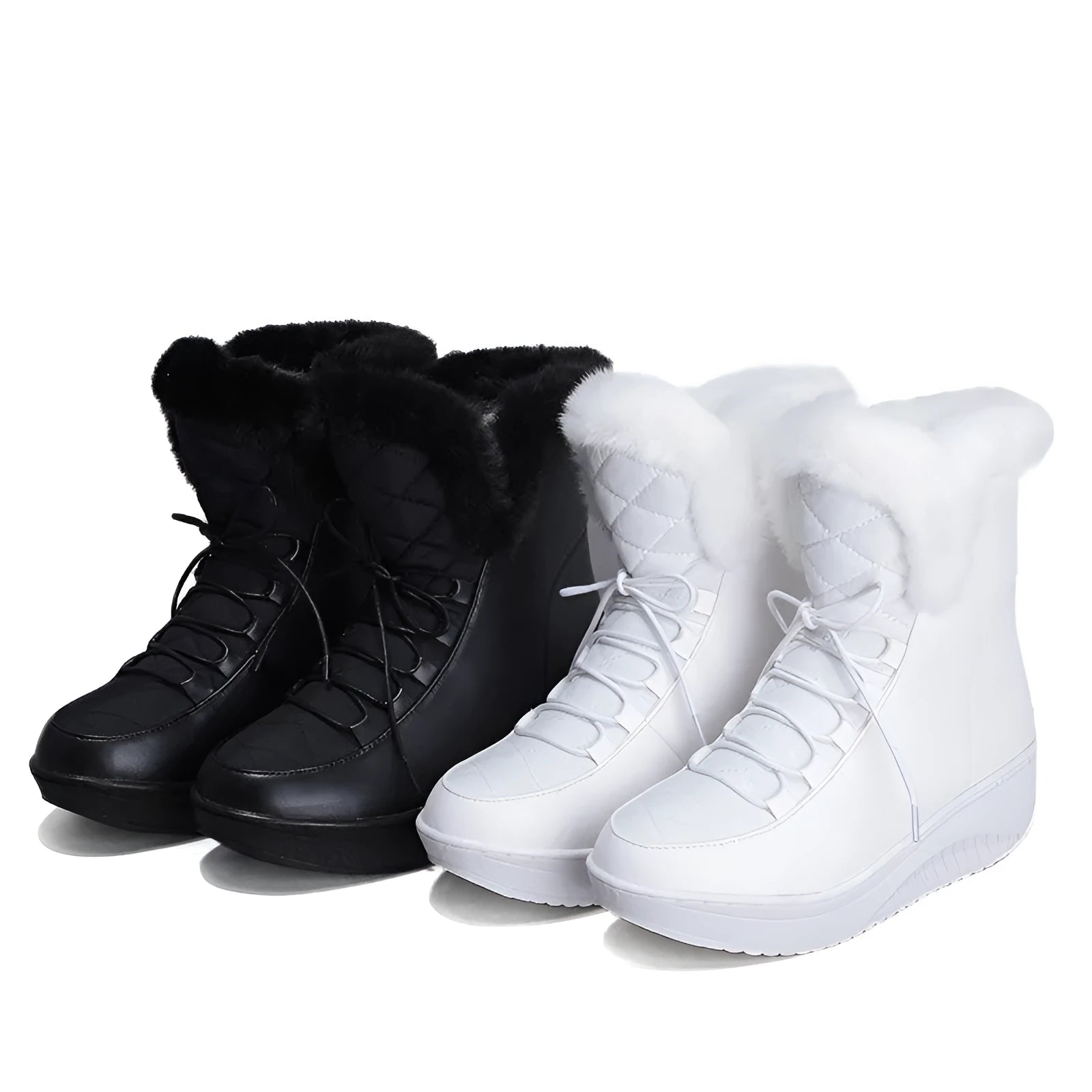 Women's black platform winter boots with lace-up closure and plush lining